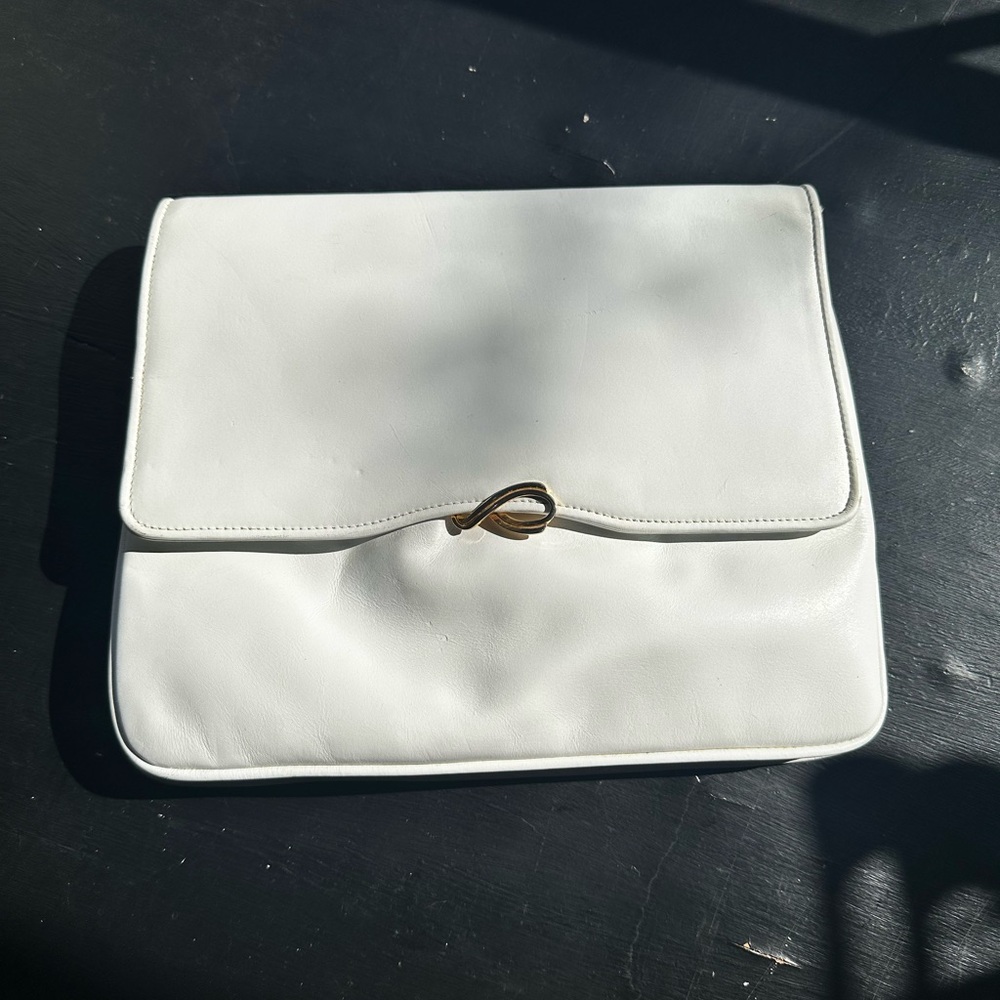 Vintage Salvador Ferragamo White Clutch with Gold Accent